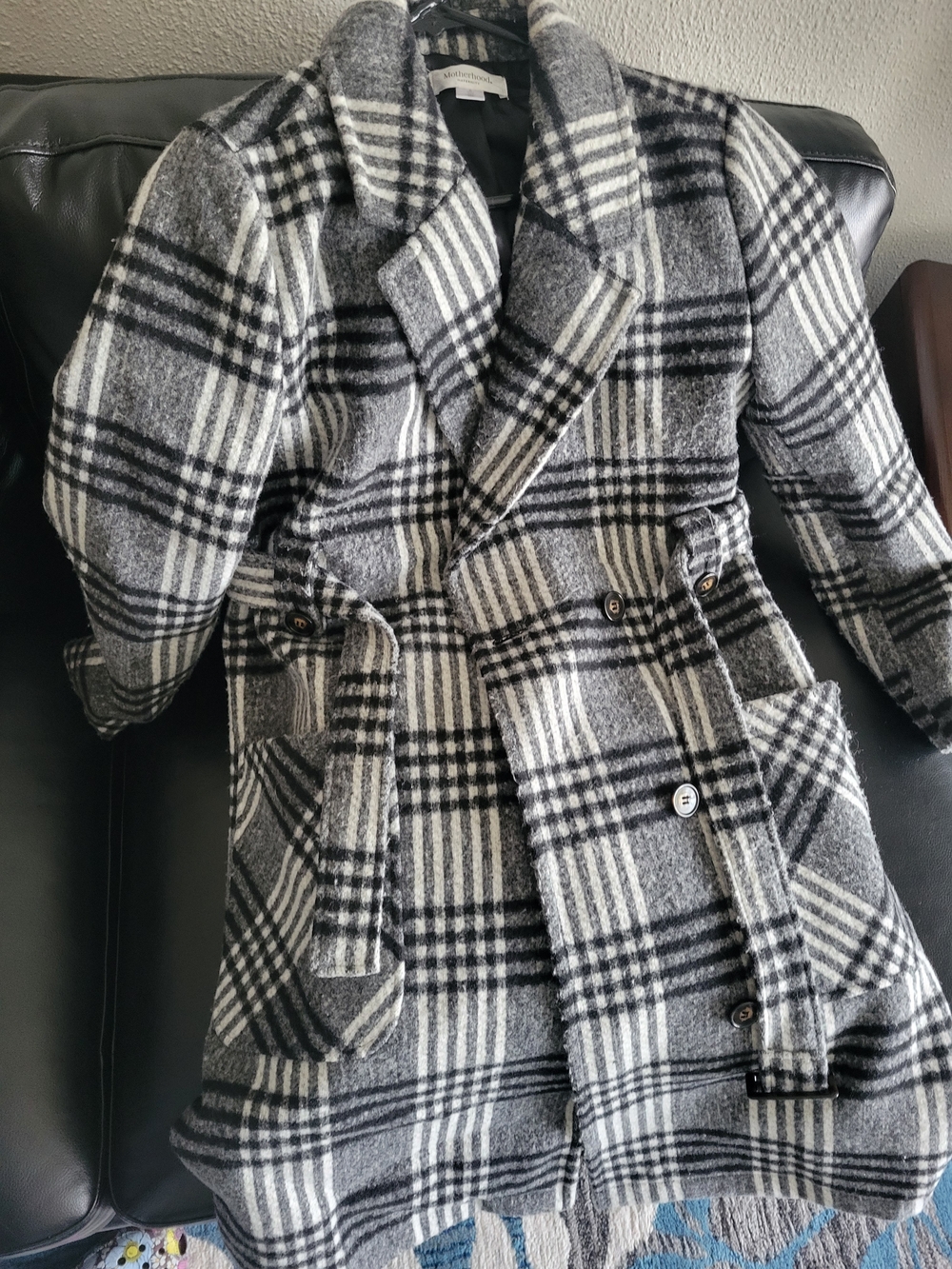 Motherhood Black and White Plaid Double-Breasted Pea Coat